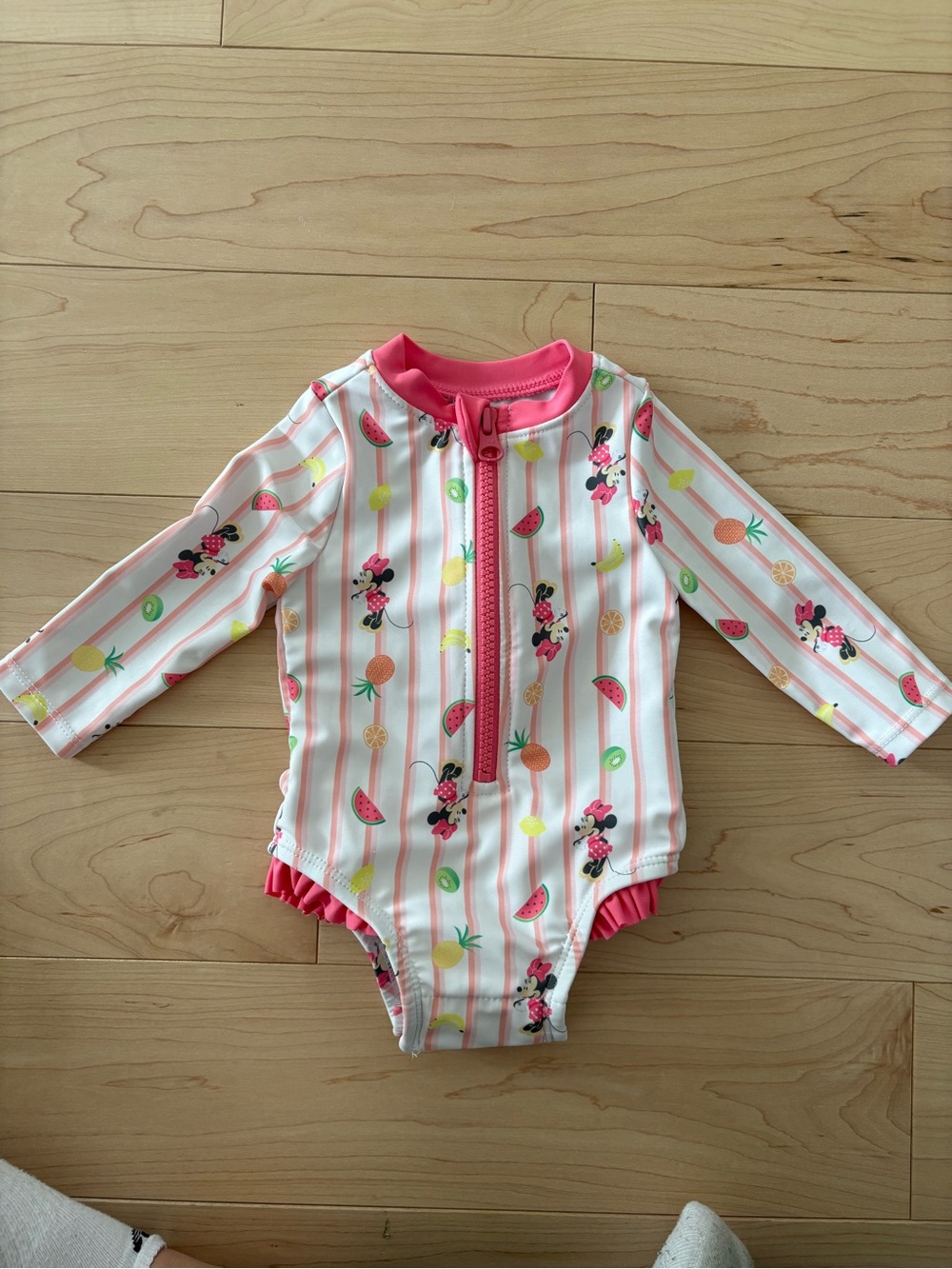 Disney Pink & White Striped Minnie Mouse Long-Sleeve One-Piece Swimsuit